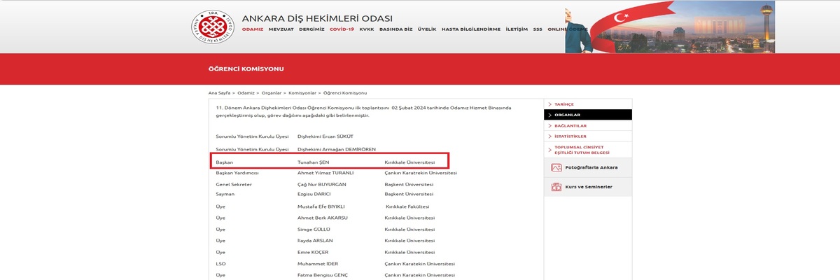 Fakültemiz Öğrencisi Tunahan ŞEN Ankara Diş Hekimleri Odası Öğrenci Komisyonu Başkanı olarak seçilmiştir. Çalışmalarında başarılar dileriz.