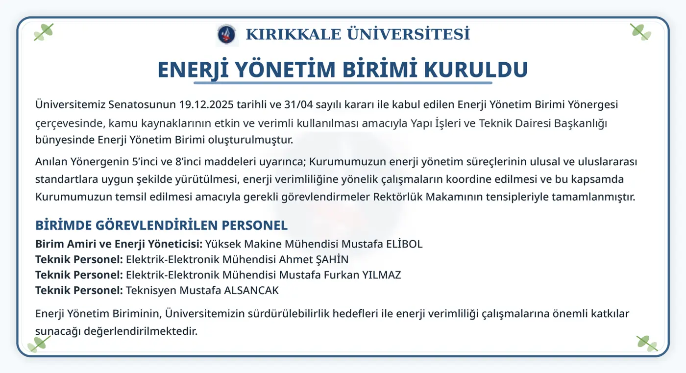 Enerji Yönetim Birimi Kuruldu