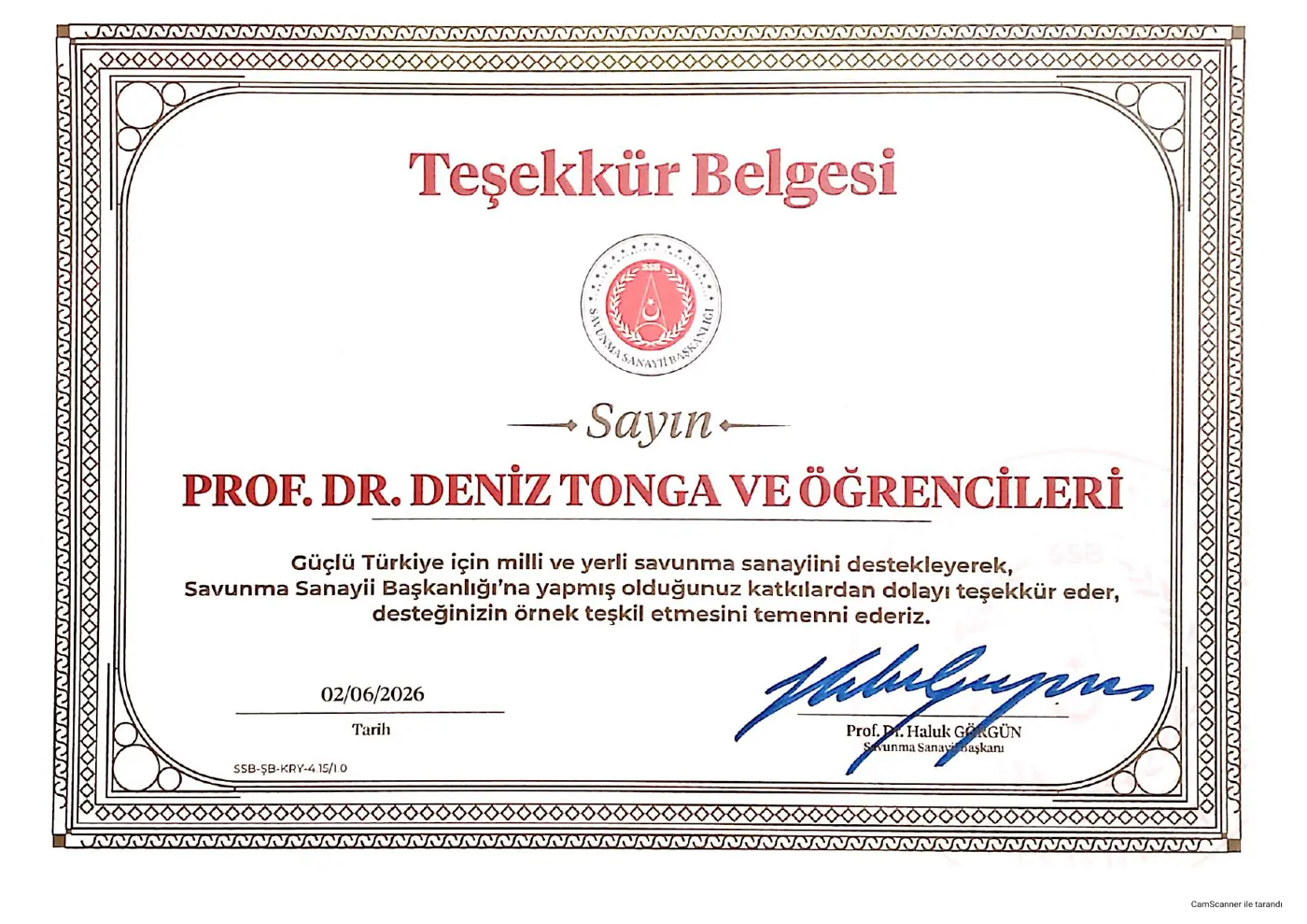 Savunma Sanayii Başkanlığı Teşekkür Belgesi